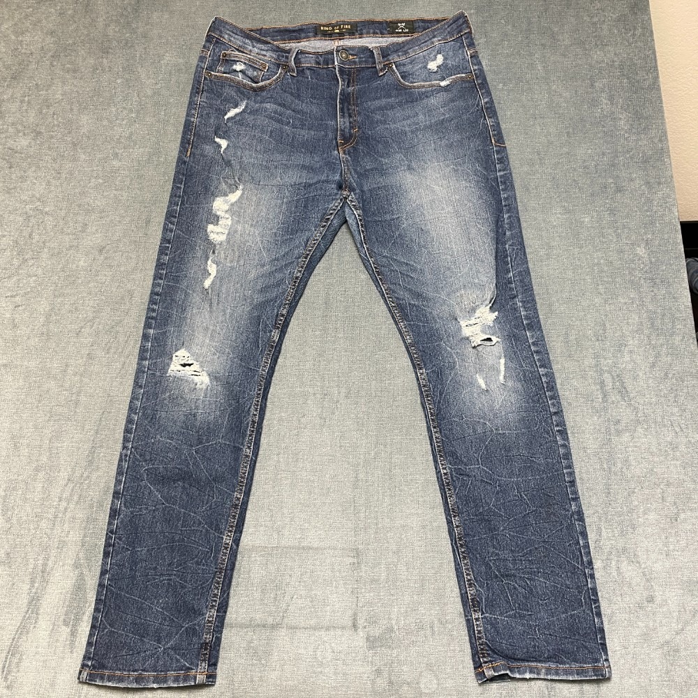 Ring of Fire Jeans Mens 36x32 Blue Denim Medium Wash Distressed Slim Streetwear